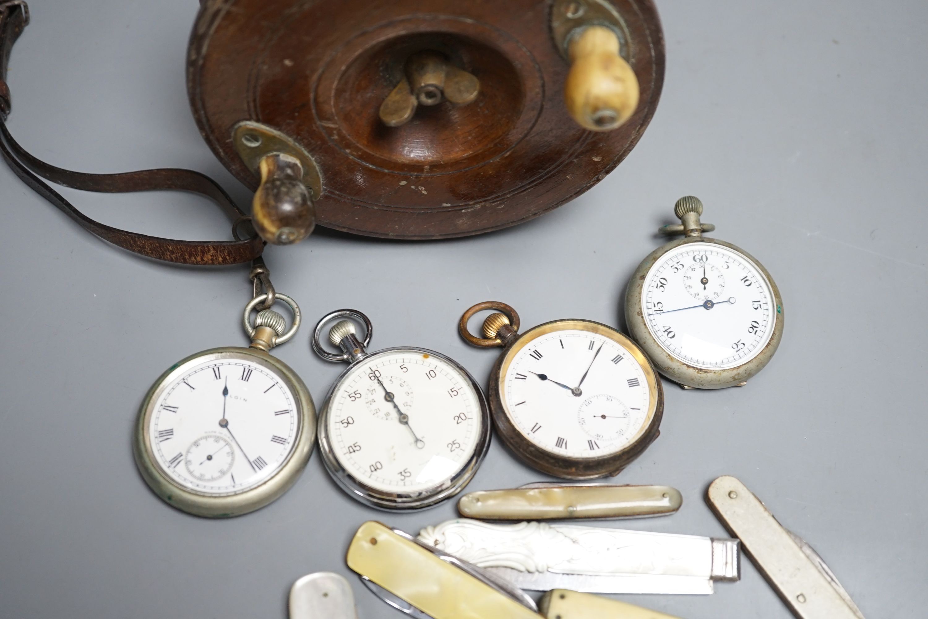 A Victorian silver fruit knife, assorted other pocket knives for watches, fishing reel etc.